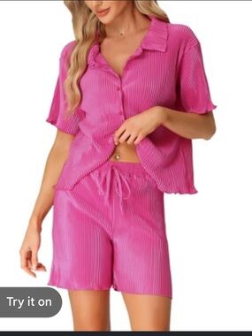 Cheibear Women’s Pink Ribbed Short Pajama Set